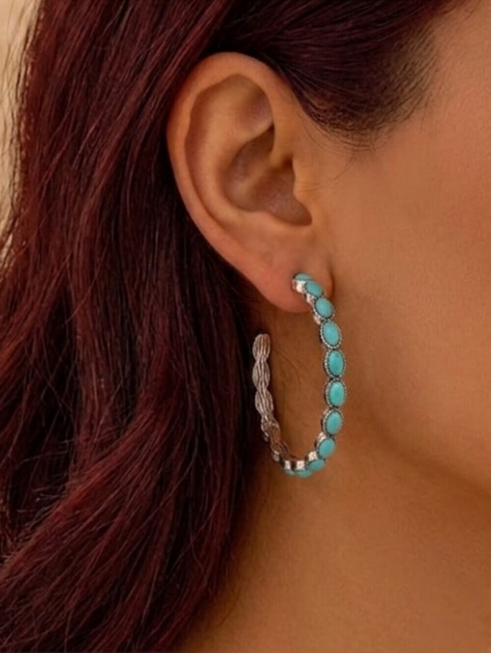 Turquoise Silver Hoop Earrings Southwestern Boho Post Back Large Oval Stone NWT